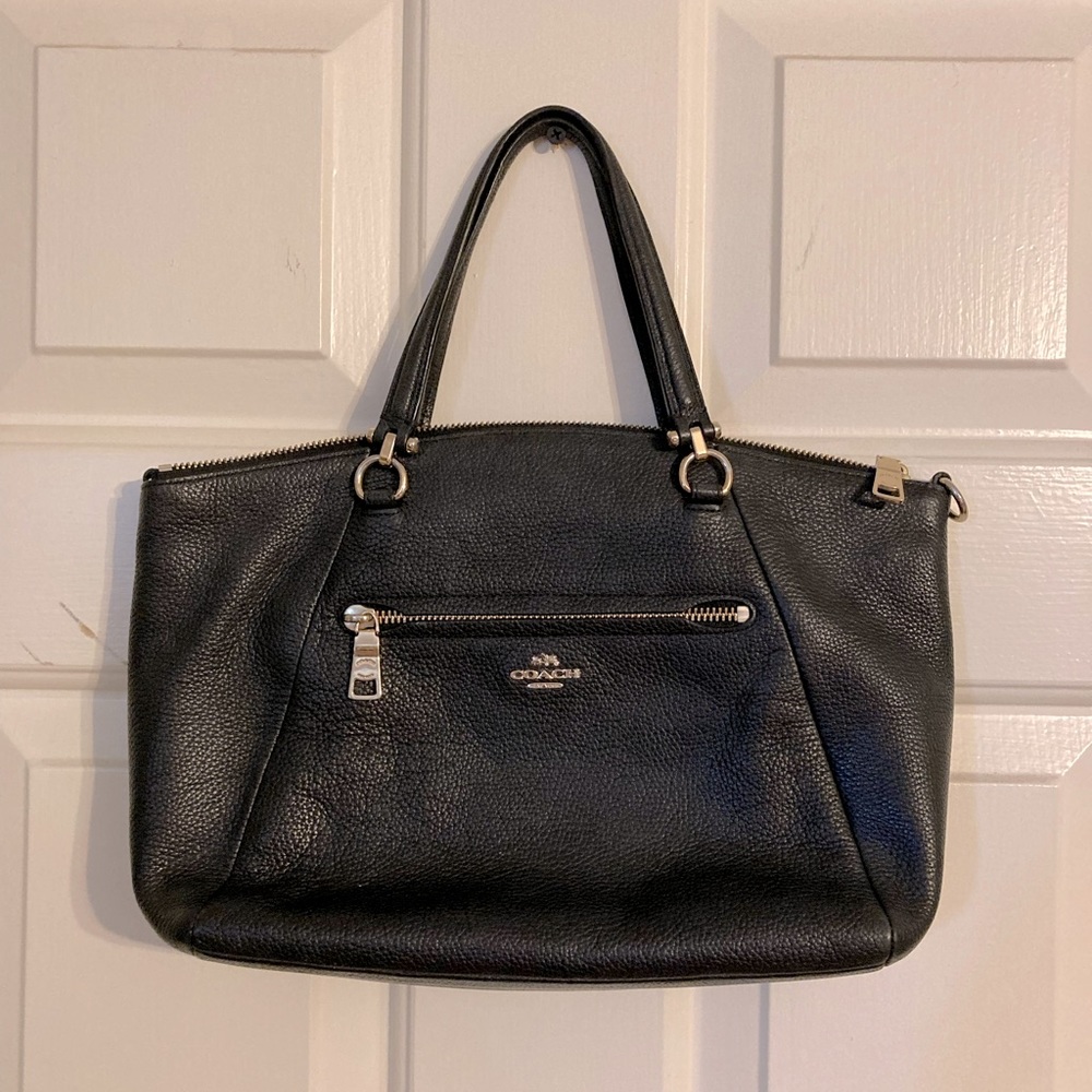 Black Leather Coach Handbag with Gold Accents